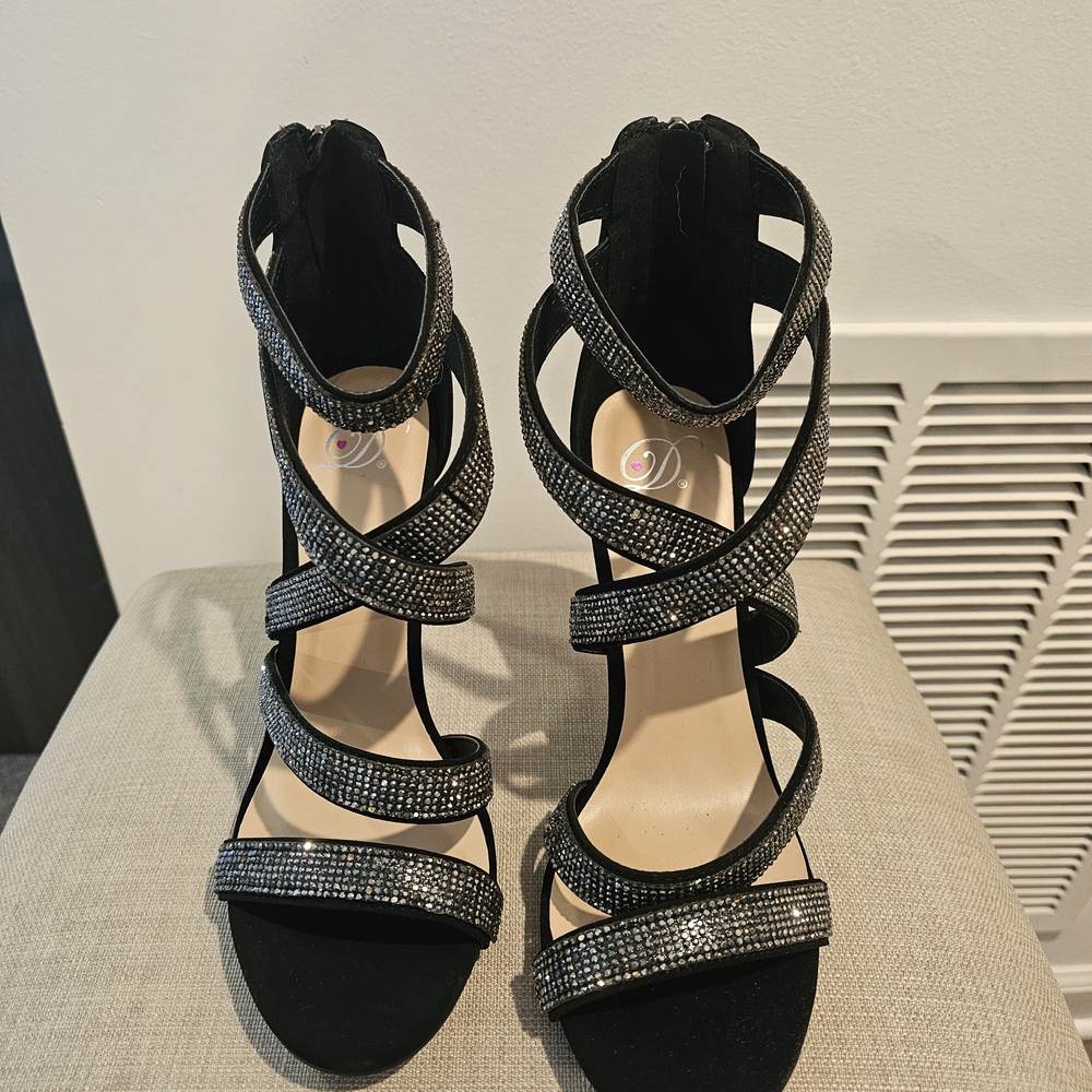 Dollhouse Black Rhinestone Wrap Strappy High Heels
